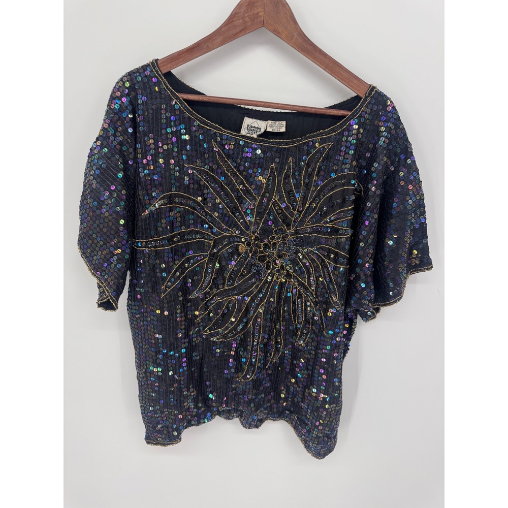 Cotton Castle Sequin Blouse Women 18/38 Vintage Silk Beaded Iridescent Party